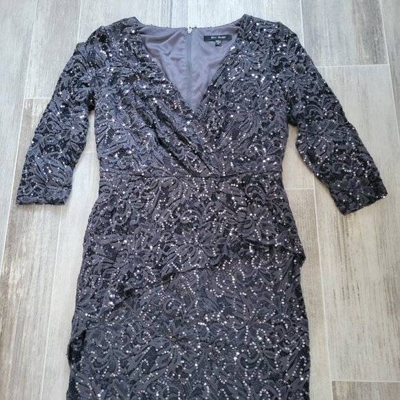 Blu Sage Slate Black Formal Sequins Dress, Sz 4, V-Neck, Lace ¾ Sleeve, EUC - Picture 2 of 9